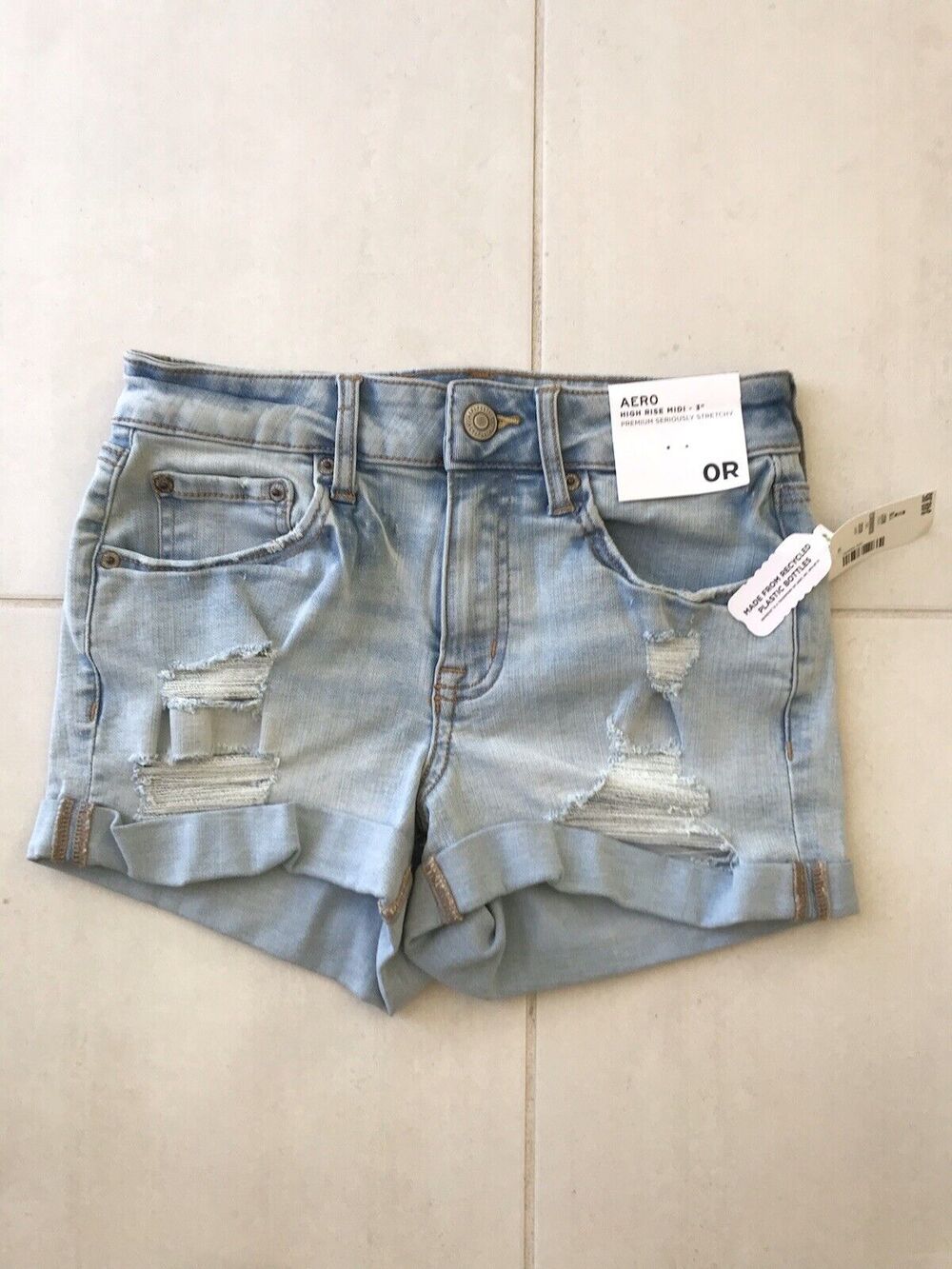 Aero Shorts Denim Jean Cuffed High Waist Distressed Stretchy